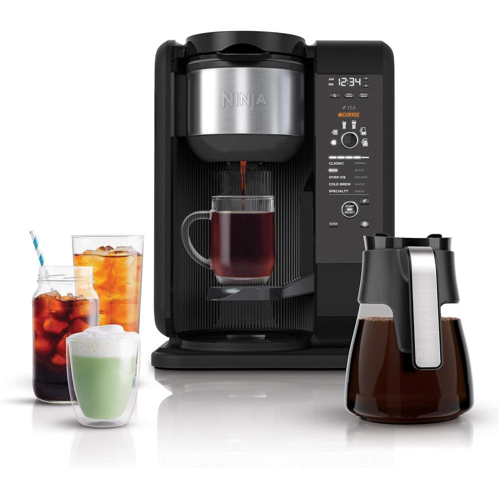 imageNinja Hot and Cold Brewed System AutoiQ Tea and Coffee Maker with 6 Brew Sizes 50 fluid ounces 5 Brew Styles Frother Coffee amp Tea Baskets with Glass Carafe CP301BlackGlass Carafe
