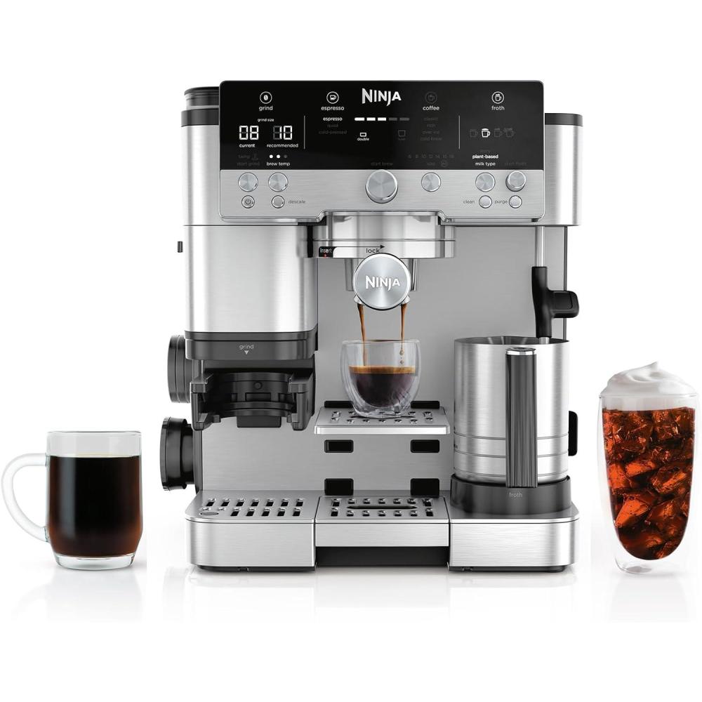 imageNinja Luxe Cafe Premier Series Espresso Machine Drip Coffee Rapid Cold Brew Integrated Grinder HandsFree Frother with Knock Box Water Filter Cleaning Tablets Descaler ES601GMStainless Steel