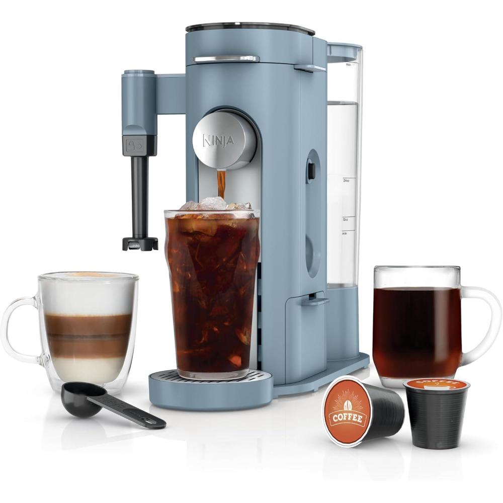 imageNinja Pod amp Grounds Coffee Maker XL SingleServe KCup Pod Compatible Brews Grounds Compact Design BuiltIn Milk Frother 68oz Reservoir 6oz Cup to 24oz Mug Sizes Stone PB055ASTBlue