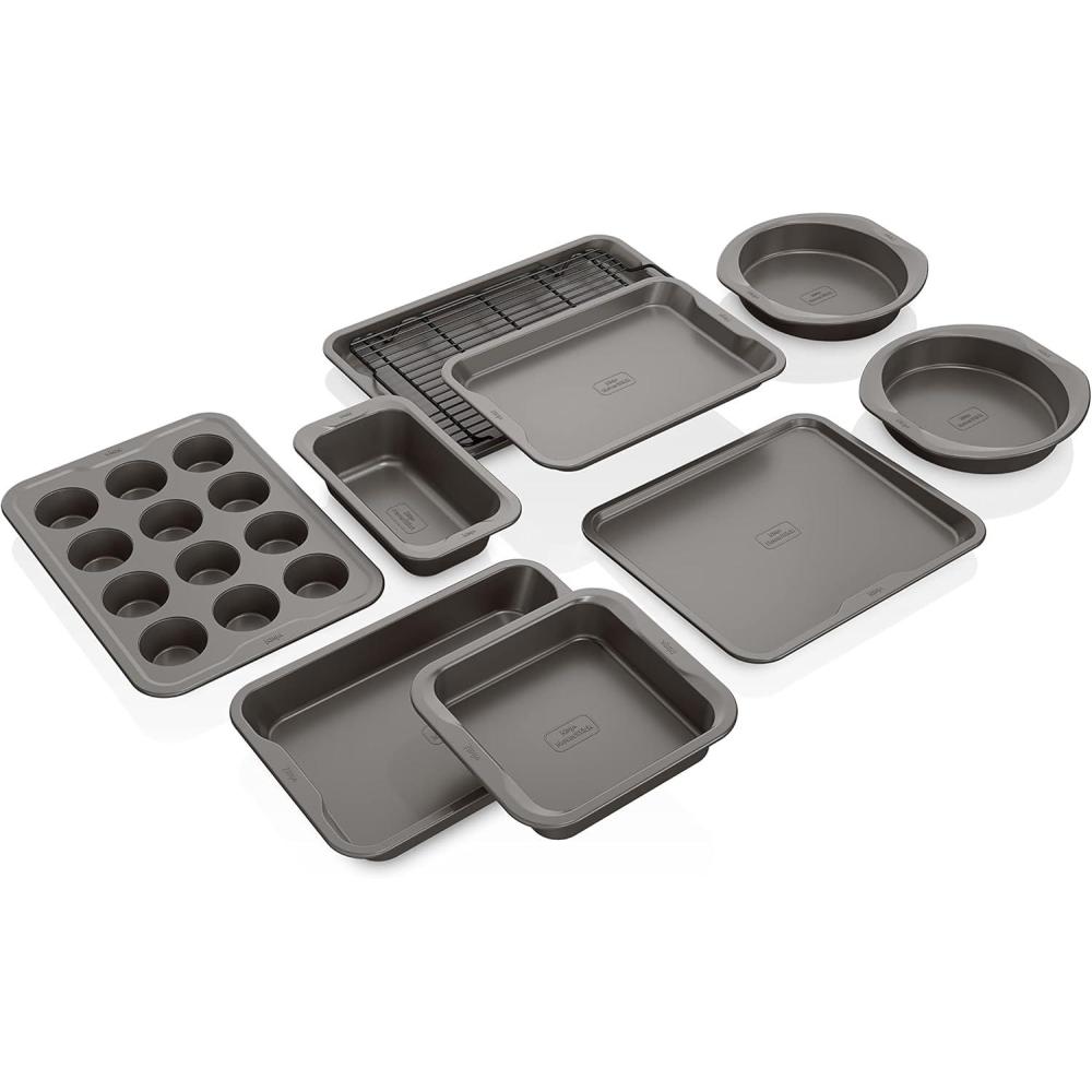 imageNinja B35005 Foodi NeverStick Premium 5Piece Bakeware Sheet Set Oven Safe up to 500F with 11x17 Inch Baking Sheet 5x9 Inch Loaf Pan 12 Cup Muffin Pan amp 2 9 Inch Round Cake Pans Grey10pc Set