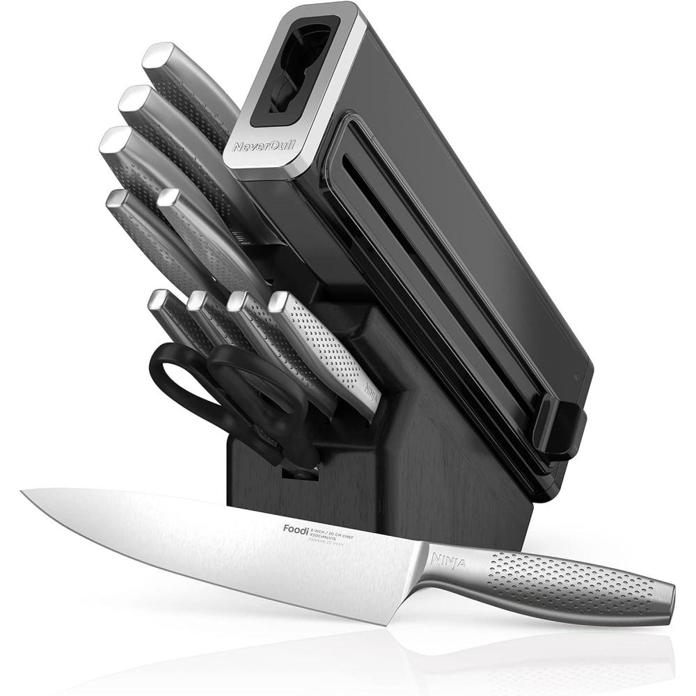 imageNinja K62014 Foodi NeverDull Premium 14Piece German Stainless Steel Knife System with Builtin Sharpener Stainless SteelBlackStainless