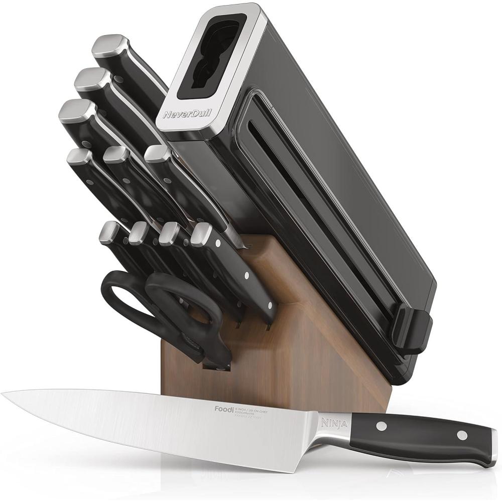 imageNinja K62014 Foodi NeverDull Premium 14Piece German Stainless Steel Knife System with Builtin Sharpener Stainless SteelBlackWalnut Block