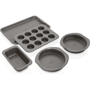 Ninja B35005 Foodi NeverStick Premium 5-Piece Bakeware Sheet Set, Oven Safe up to 500⁰F, with 11×17 Inch Baking Sheet, 5×9 Inch Loaf Pan, 12 Cup Muffin Pan, & (2) 9 Inch Round Cake Pans, Grey(5pc Set)