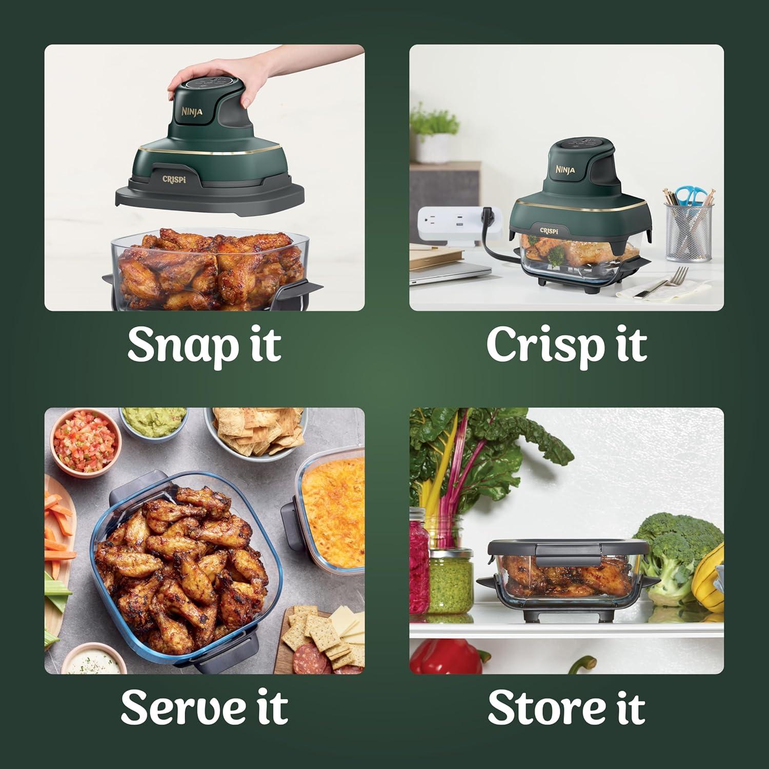 imageNinja Crispi 4in1 Glass Air Fryer 450F NonToxic 4QT amp 6Cup Glass Containers wLids Microwave Freezer Dishwasher Safe Max Crisp Air Fry Bake Recrisp Cyberspace Gray FN101GYGreen Bundle