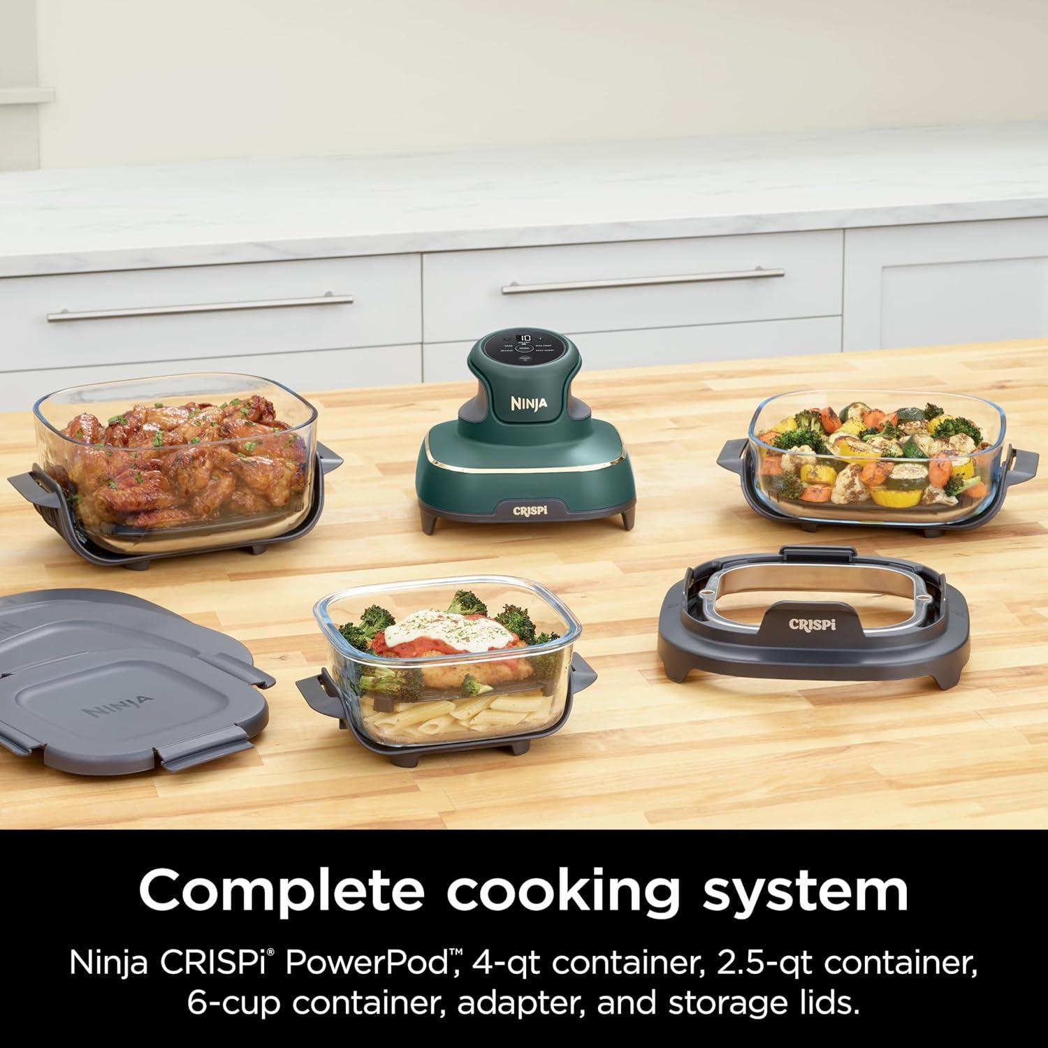 imageNinja Crispi 4in1 Glass Air Fryer 450F NonToxic 4QT amp 6Cup Glass Containers wLids Microwave Freezer Dishwasher Safe Max Crisp Air Fry Bake Recrisp Cyberspace Gray FN101GYGreen Bundle