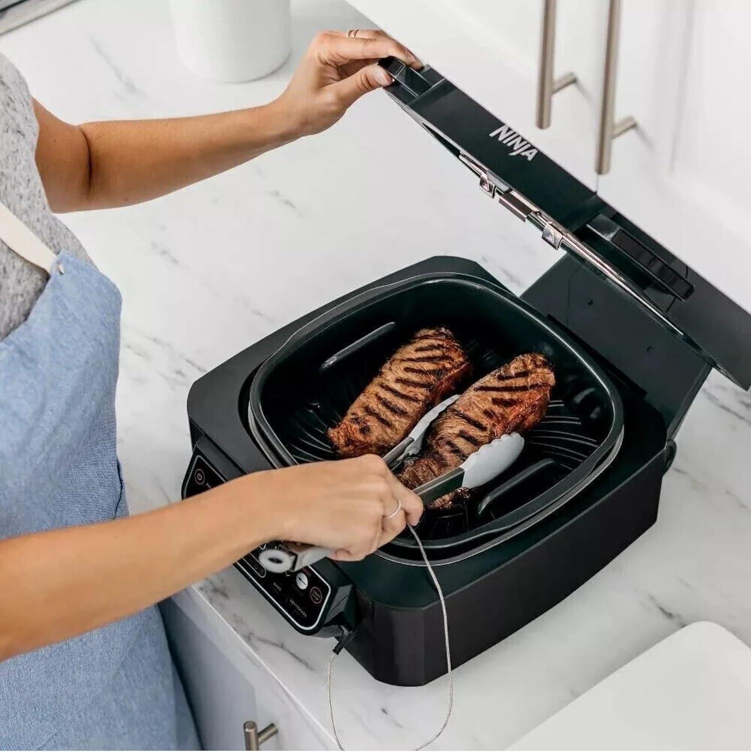 imageNinja Foodi Pro 5in1 Indoor Integrated Smart Probe 4Quart Air Fryer Roast Bake Dehydrate an Cyclonic Grilling Technology with 4 Steaks Capacity in a Stainless FinishStainless