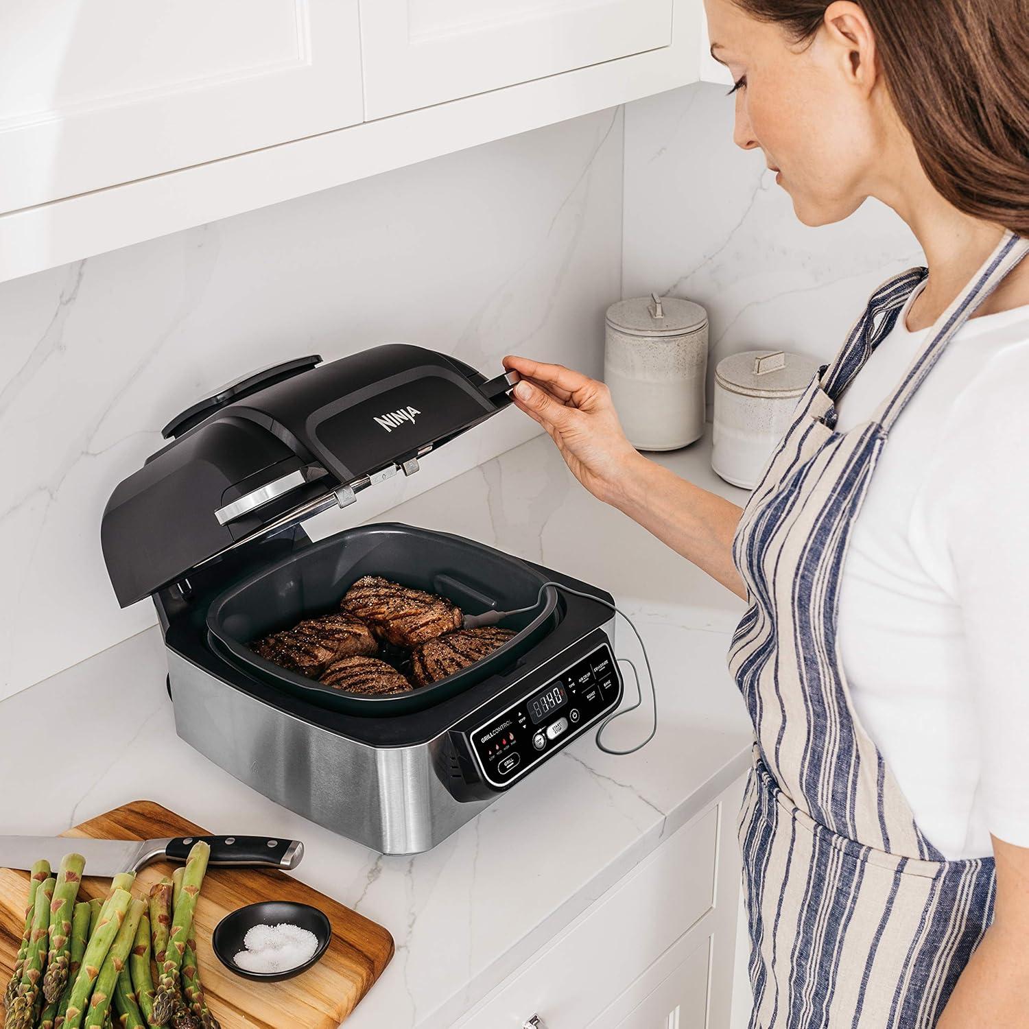 imageNinja Foodi Pro 5in1 Indoor Integrated Smart Probe 4Quart Air Fryer Roast Bake Dehydrate an Cyclonic Grilling Technology with 4 Steaks Capacity in a Stainless FinishStainless
