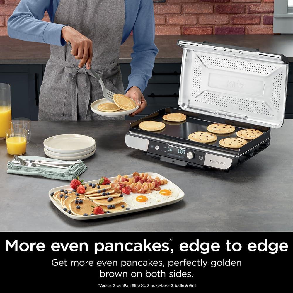 imageNinja Sizzle Pro XL 20Inch Indoor Griddle Grill Detachable Ventilated Lid Grease Control Ceramic Nonstick Plates Even EdgetoEdge Cooking XL Capacity Versatile Silver GX101 Renewed