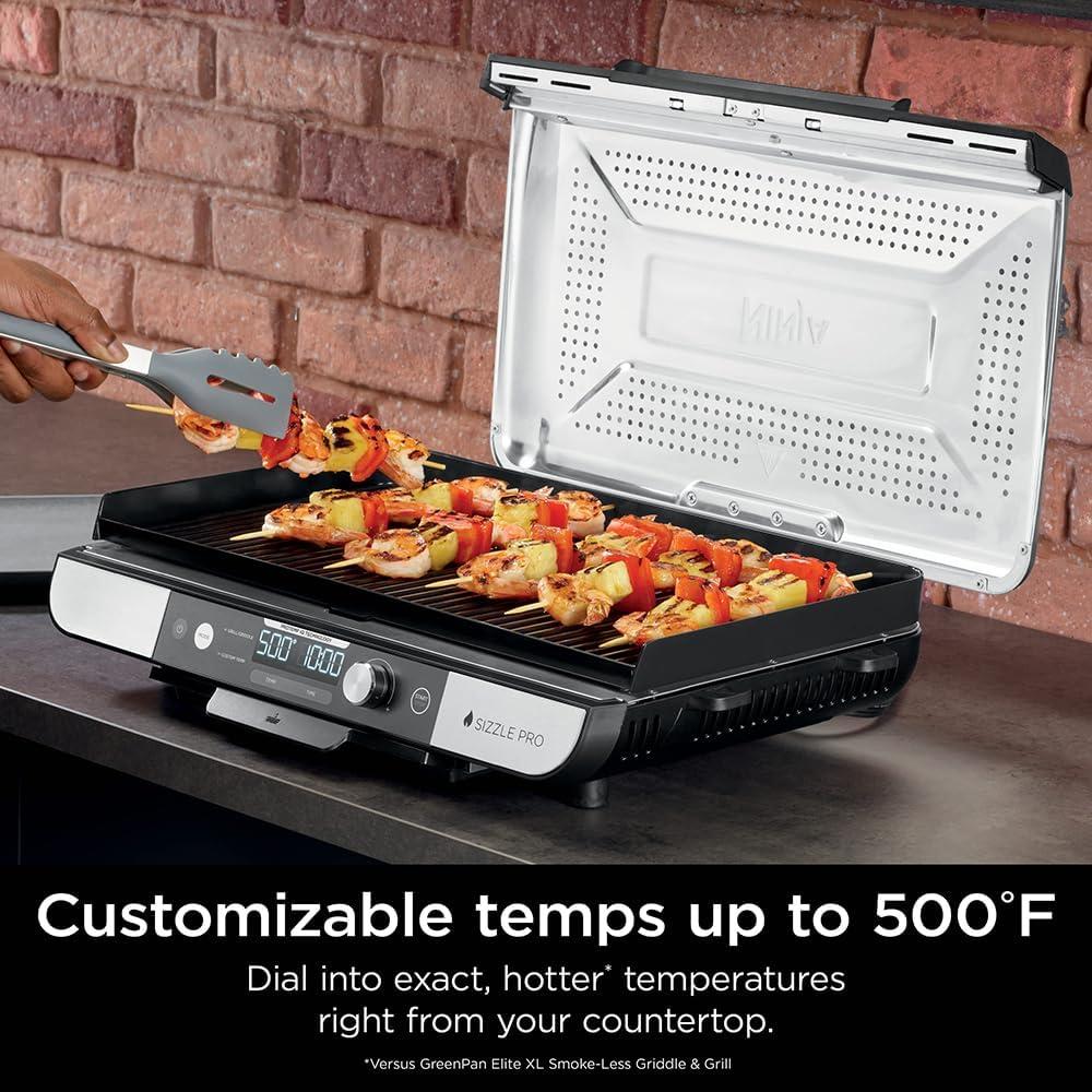imageNinja Sizzle Pro XL 20Inch Indoor Griddle Grill Detachable Ventilated Lid Grease Control Ceramic Nonstick Plates Even EdgetoEdge Cooking XL Capacity Versatile Silver GX101 Renewed