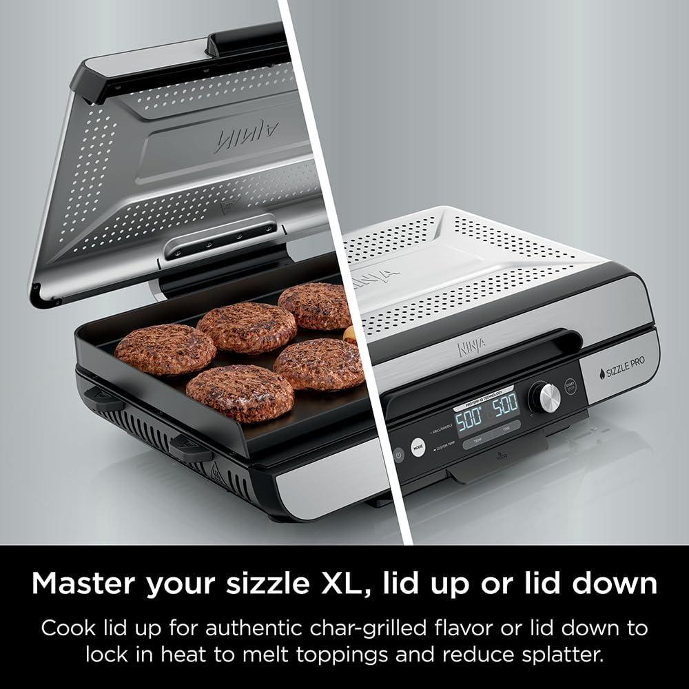 imageNinja Sizzle Pro XL 20Inch Indoor Griddle Grill Detachable Ventilated Lid Grease Control Ceramic Nonstick Plates Even EdgetoEdge Cooking XL Capacity Versatile Silver GX101 Renewed