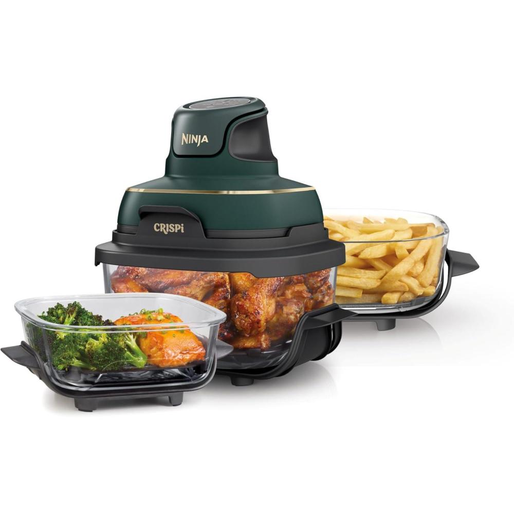 imageNinja Crispi 4in1 Glass Air Fryer 450F NonToxic 4QT amp 6Cup Glass Containers wLids Microwave Freezer Dishwasher Safe Max Crisp Air Fry Bake Recrisp Cyberspace Gray FN101GYGreen Bundle