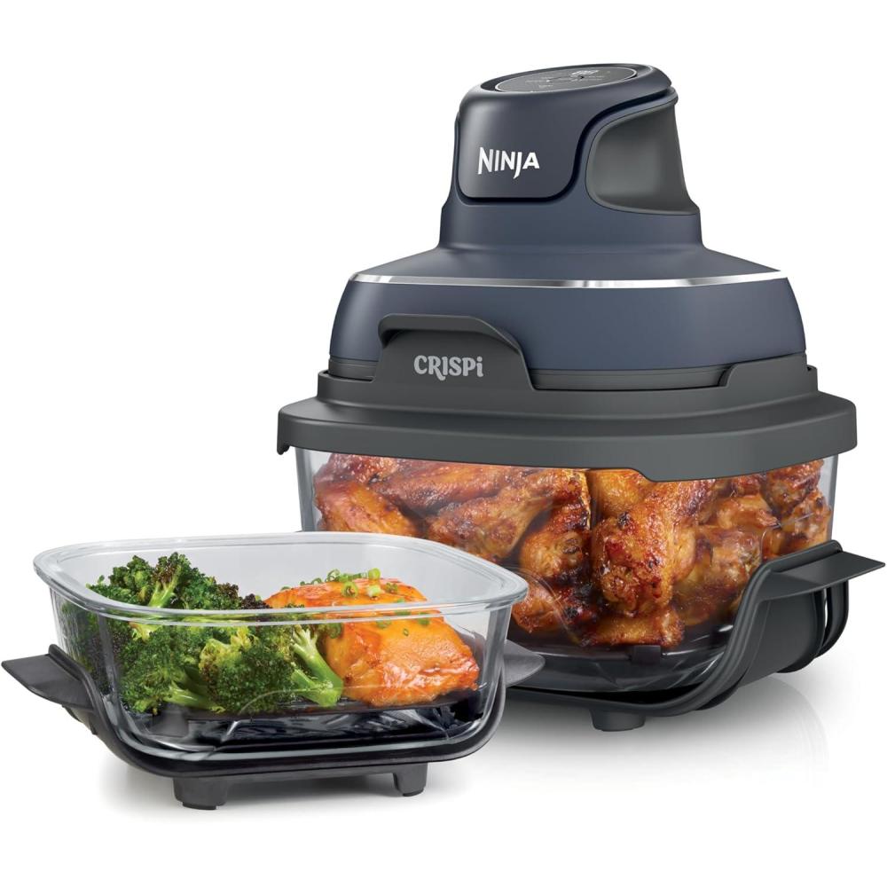 imageNinja Crispi 4in1 Glass Air Fryer 450F NonToxic 4QT amp 6Cup Glass Containers wLids Microwave Freezer Dishwasher Safe Max Crisp Air Fry Bake Recrisp Cyberspace Gray FN101GYCyberspace Gray