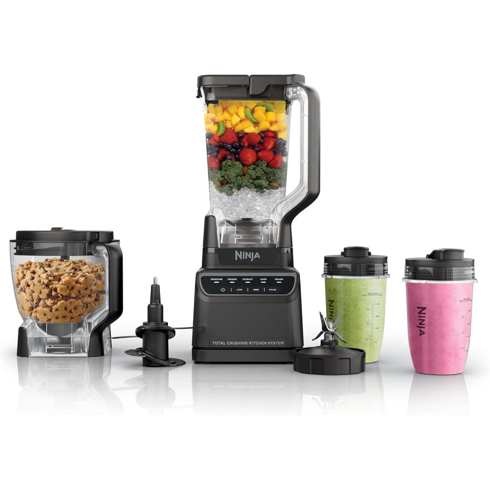 imageNinja Kitchen System  AllinOne for Smoothies Frozen Drinks Veggie Chopper amp More  With FullSize Pitcher 8 Cup Food Processor Bowl 2 18 oz Cups  1200 Watt  Dark Grey  BR601AMZPitcher  Bowl  2 18oz Cups