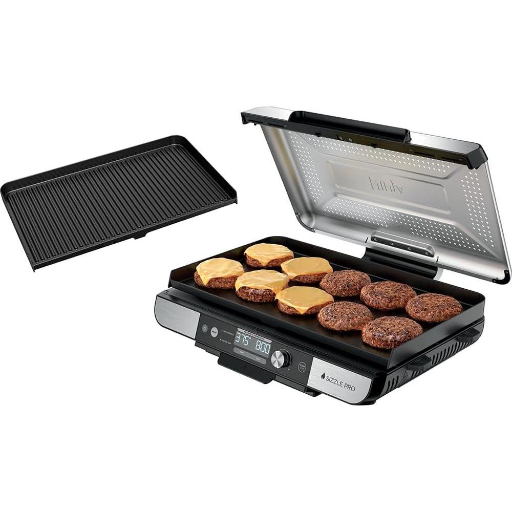 imageNinja Sizzle Pro XL 20Inch Indoor Griddle Grill Detachable Ventilated Lid Grease Control Ceramic Nonstick Plates Even EdgetoEdge Cooking XL Capacity Versatile Silver GX101 Renewed