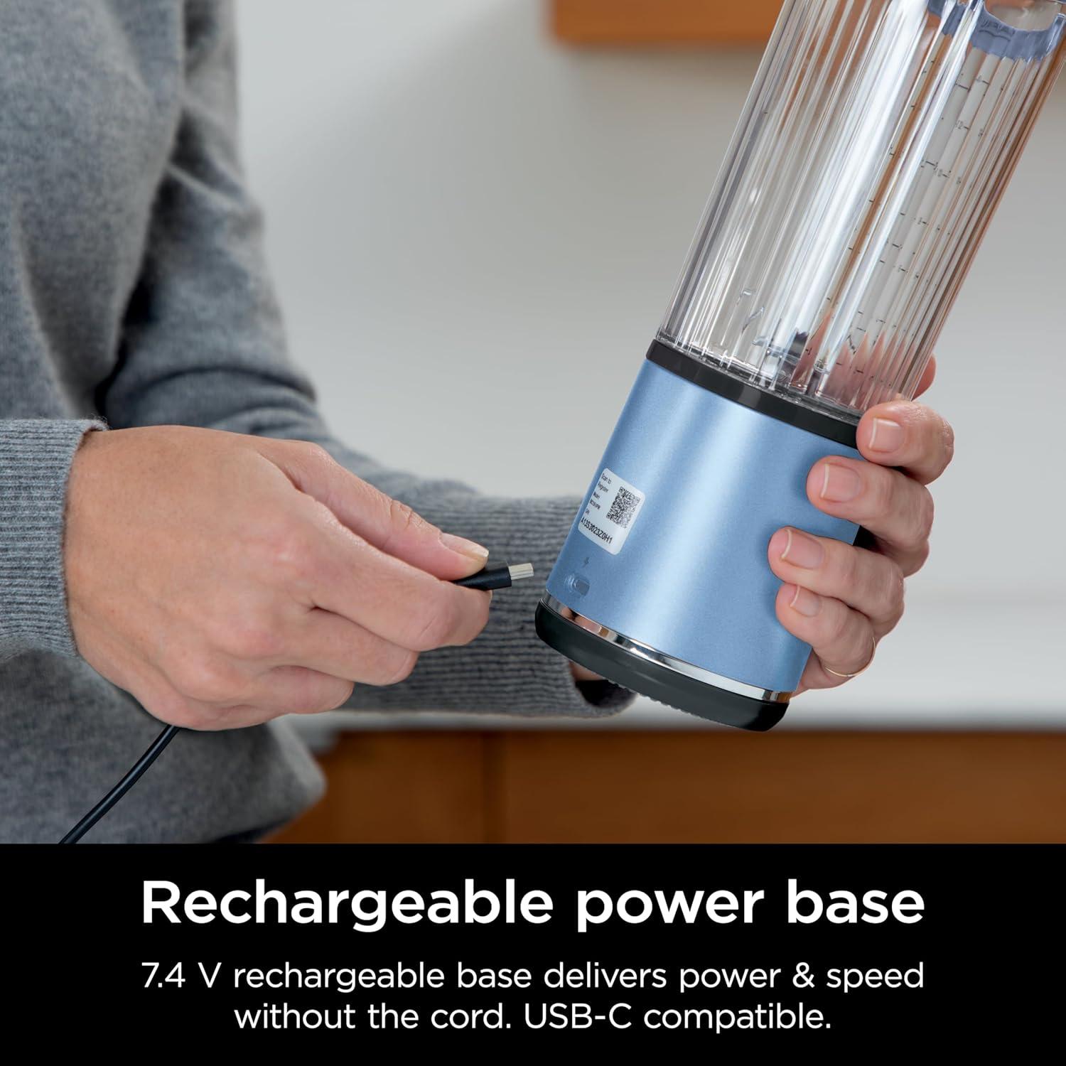 imageNinja Blast Portable Blender Cordless 18oz Vessel Personal Blender ForShakes and Smoothies BPA Free LeakproofLid and Sip Spout USBC Rechargeable Dishwasher Safe Parts Tinted Mint BC151MTMetallic Blue