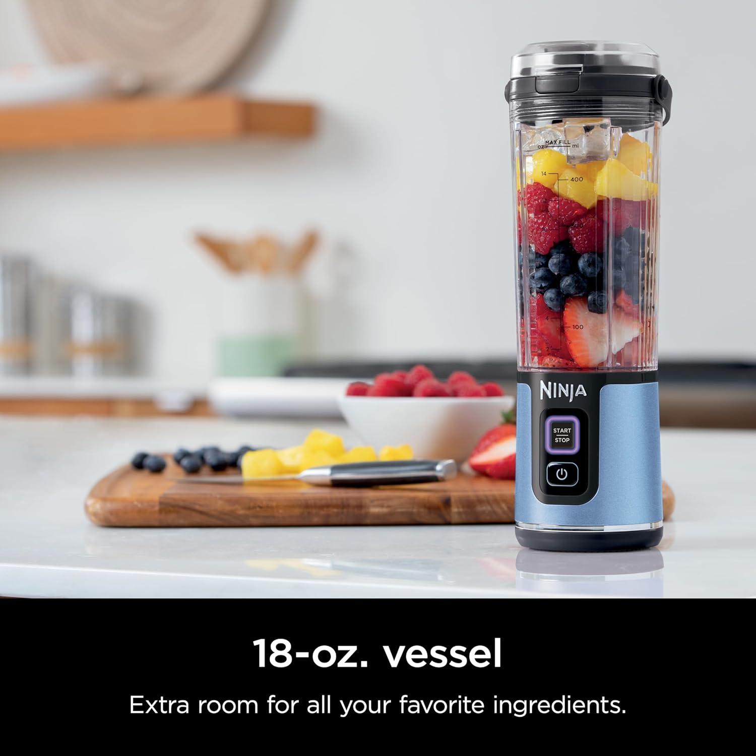 imageNinja Blast Portable Blender Cordless 18oz Vessel Personal Blender ForShakes and Smoothies BPA Free LeakproofLid and Sip Spout USBC Rechargeable Dishwasher Safe Parts Tinted Mint BC151MTMetallic Blue