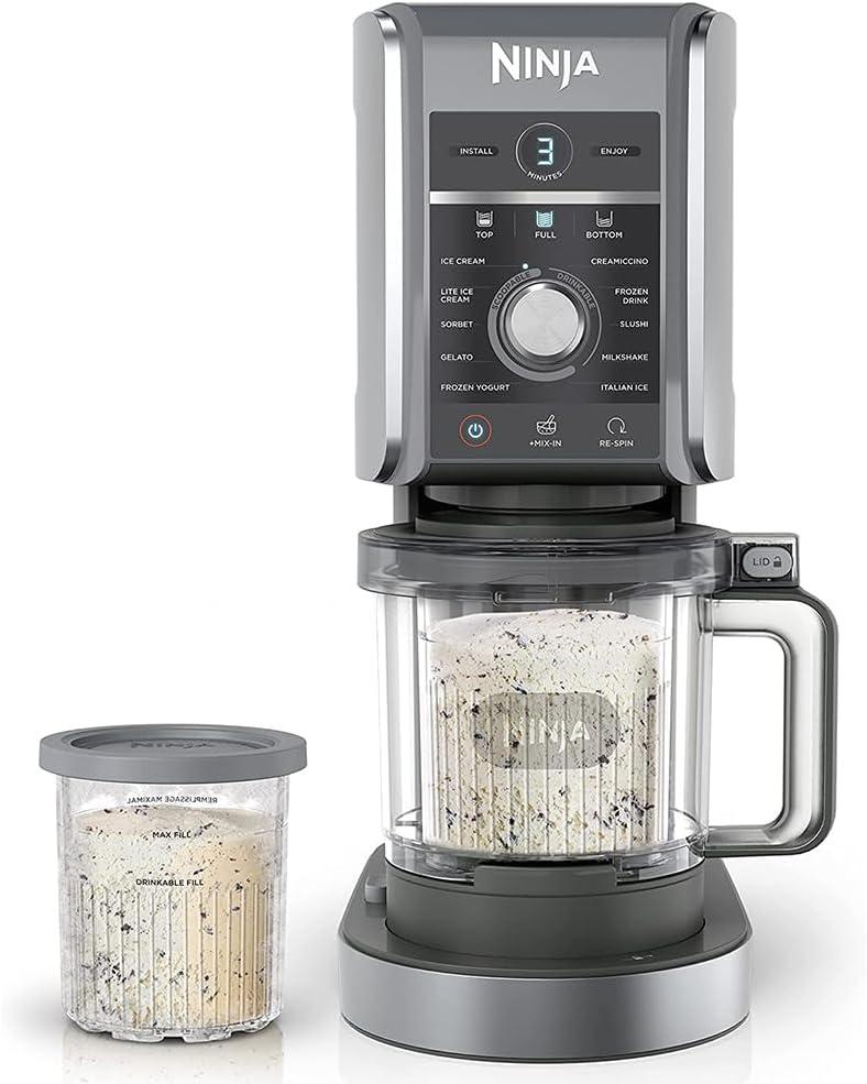 imageNinja NC501 CREAMi Deluxe 11in1 XL Ice Cream Maker Silver Renewed Bundle with Deco Essentials 6 Pack of Pints and Lids for Ninja Creami