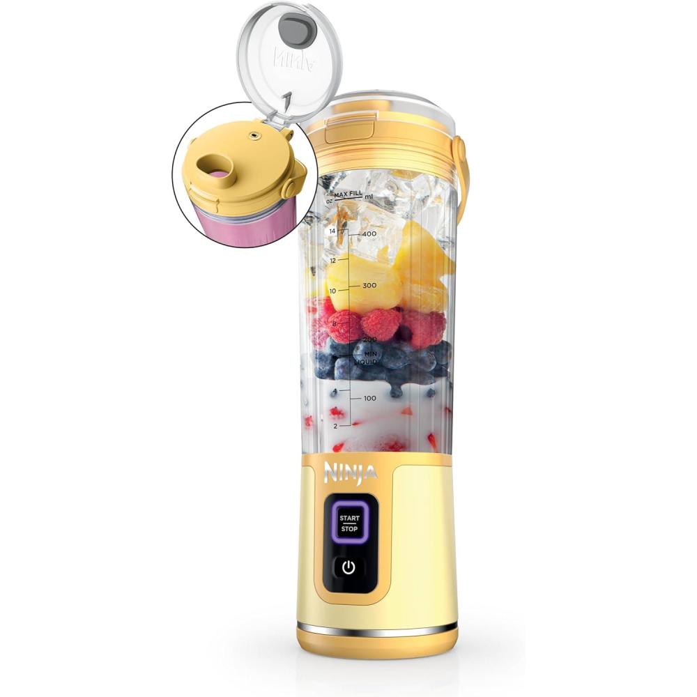 imageNinja Blast Portable Blender Cordless 18oz Vessel Personal Blender ForShakes and Smoothies BPA Free LeakproofLid and Sip Spout USBC Rechargeable Dishwasher Safe Parts Tinted Mint BC151MTLemon Meringue