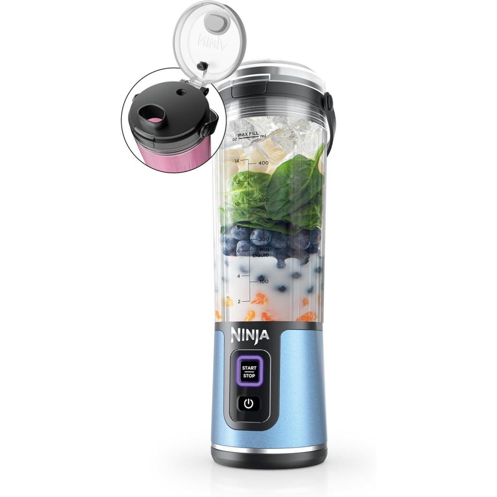 imageNinja Blast Portable Blender Cordless 18oz Vessel Personal Blender ForShakes and Smoothies BPA Free LeakproofLid and Sip Spout USBC Rechargeable Dishwasher Safe Parts Tinted Mint BC151MTMetallic Blue