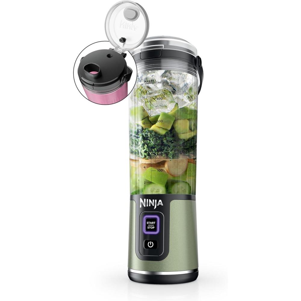 imageNinja Blast Portable Blender Cordless 18oz Vessel Personal Blender ForShakes and Smoothies BPA Free LeakproofLid and Sip Spout USBC Rechargeable Dishwasher Safe Parts Tinted Mint BC151MTMetallic Green