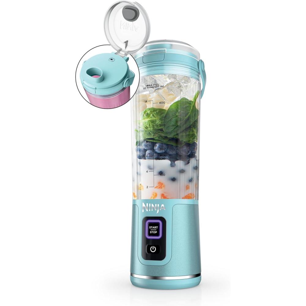 imageNinja Blast Portable Blender Cordless 18oz Vessel Personal Blender ForShakes and Smoothies BPA Free LeakproofLid and Sip Spout USBC Rechargeable Dishwasher Safe Parts Tinted Mint BC151MTAqua
