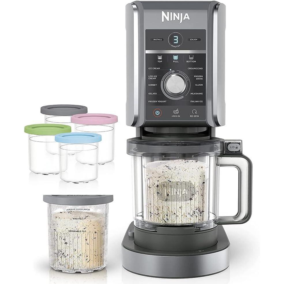 imageNinja NC501 CREAMi Deluxe 11in1 XL Ice Cream Maker Silver Renewed Bundle with Deco Essentials 6 Pack of Pints and Lids for Ninja Creami