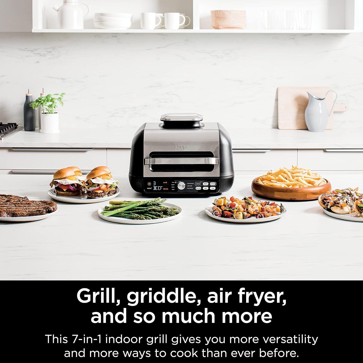 imageNinja Indoor Grill and Air Fryer Foodi Smart XL 6in1 Grill Air Fry Roast Bake Broil Dehydrate amp Crisp Smart Thermometer amp Splatter Shield Dishwasher Safe Parts BlackSilver FG5517in1 With Thermometer