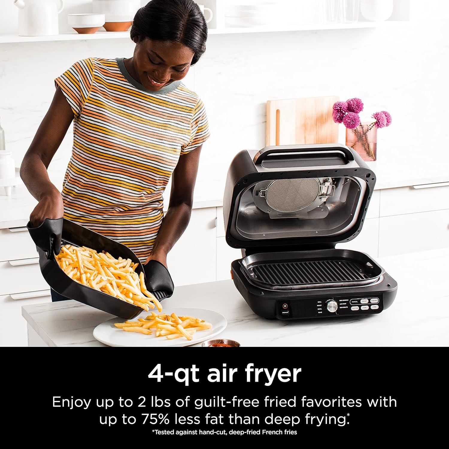 imageNinja Indoor Grill and Air Fryer Foodi Smart XL 6in1 Grill Air Fry Roast Bake Broil Dehydrate amp Crisp Smart Thermometer amp Splatter Shield Dishwasher Safe Parts BlackSilver FG5517in1 With Thermometer