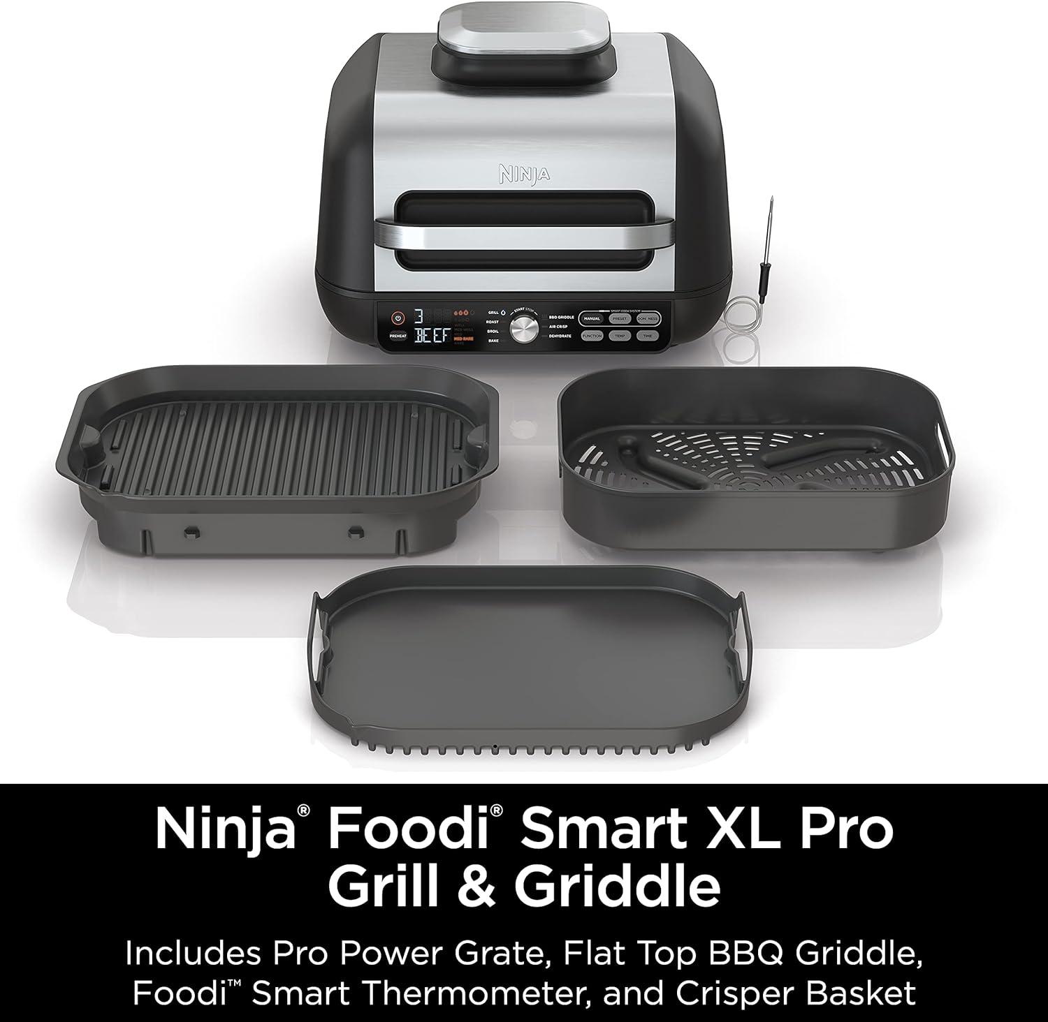 imageNinja Indoor Grill and Air Fryer Foodi Smart XL 6in1 Grill Air Fry Roast Bake Broil Dehydrate amp Crisp Smart Thermometer amp Splatter Shield Dishwasher Safe Parts BlackSilver FG5517in1 With Thermometer