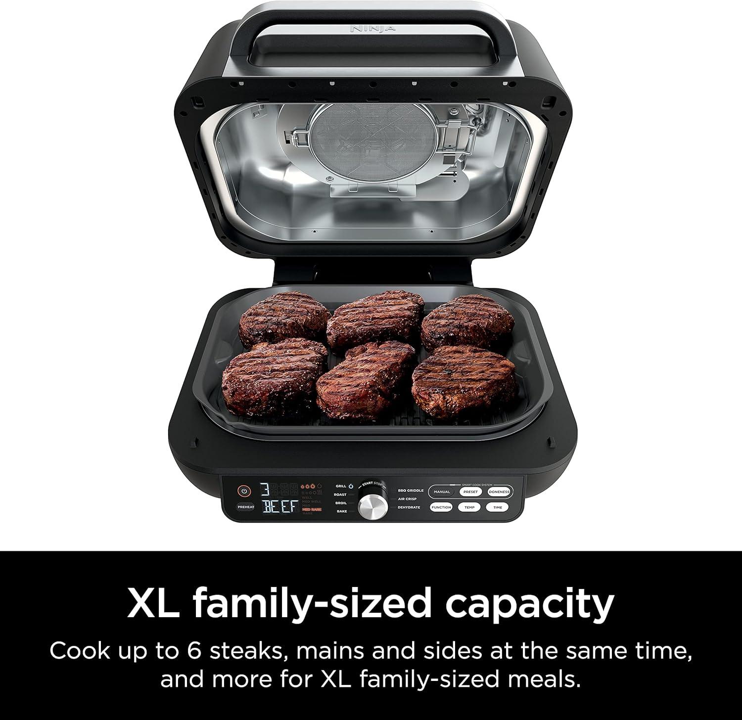 imageNinja Indoor Grill and Air Fryer Foodi Smart XL 6in1 Grill Air Fry Roast Bake Broil Dehydrate amp Crisp Smart Thermometer amp Splatter Shield Dishwasher Safe Parts BlackSilver FG5517in1 With Thermometer