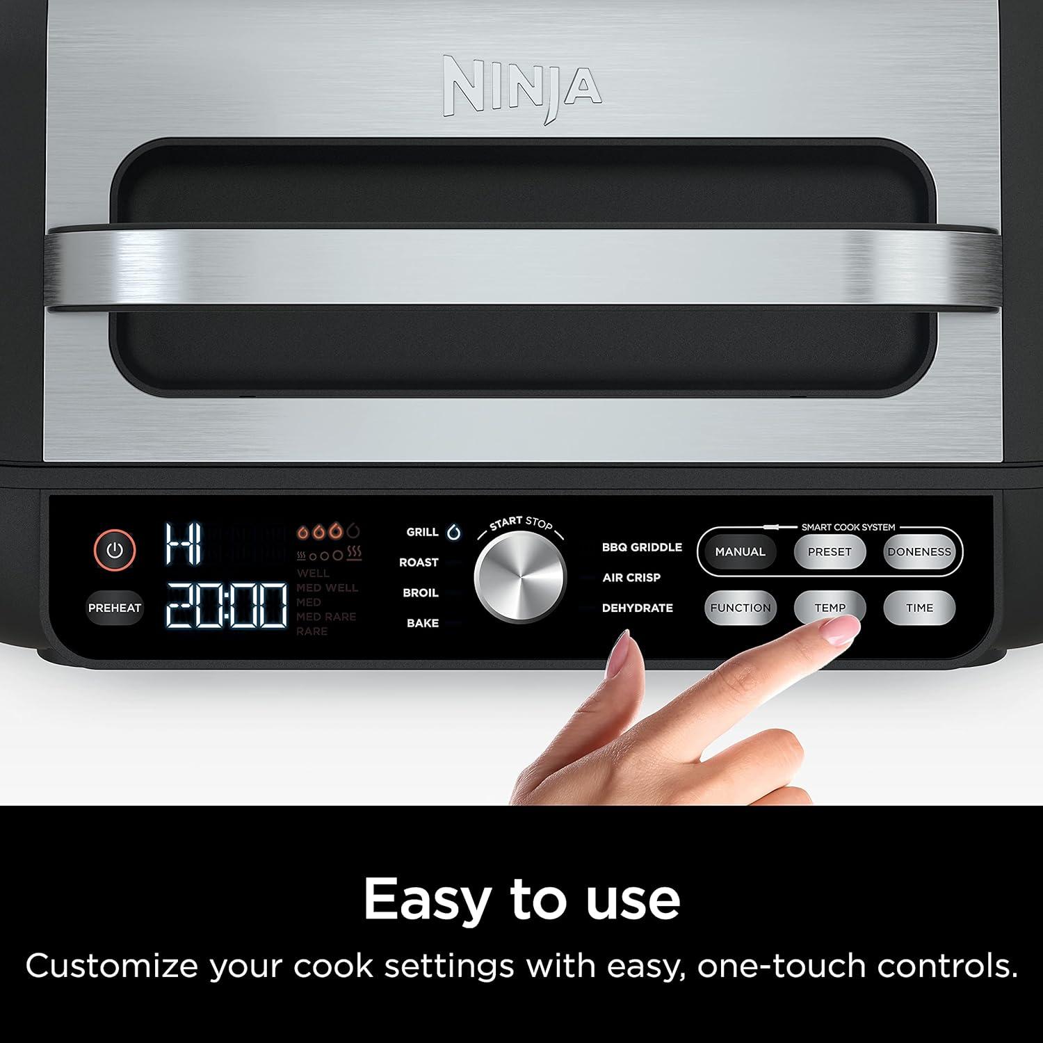 imageNinja Indoor Grill and Air Fryer Foodi Smart XL 6in1 Grill Air Fry Roast Bake Broil Dehydrate amp Crisp Smart Thermometer amp Splatter Shield Dishwasher Safe Parts BlackSilver FG5517in1 With Thermometer