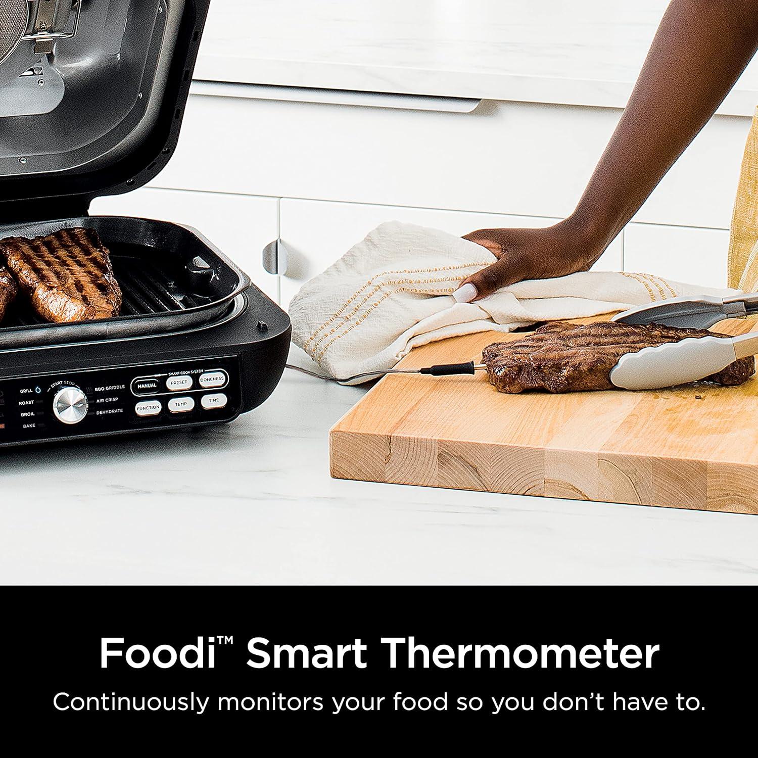 imageNinja Indoor Grill and Air Fryer Foodi Smart XL 6in1 Grill Air Fry Roast Bake Broil Dehydrate amp Crisp Smart Thermometer amp Splatter Shield Dishwasher Safe Parts BlackSilver FG5517in1 With Thermometer
