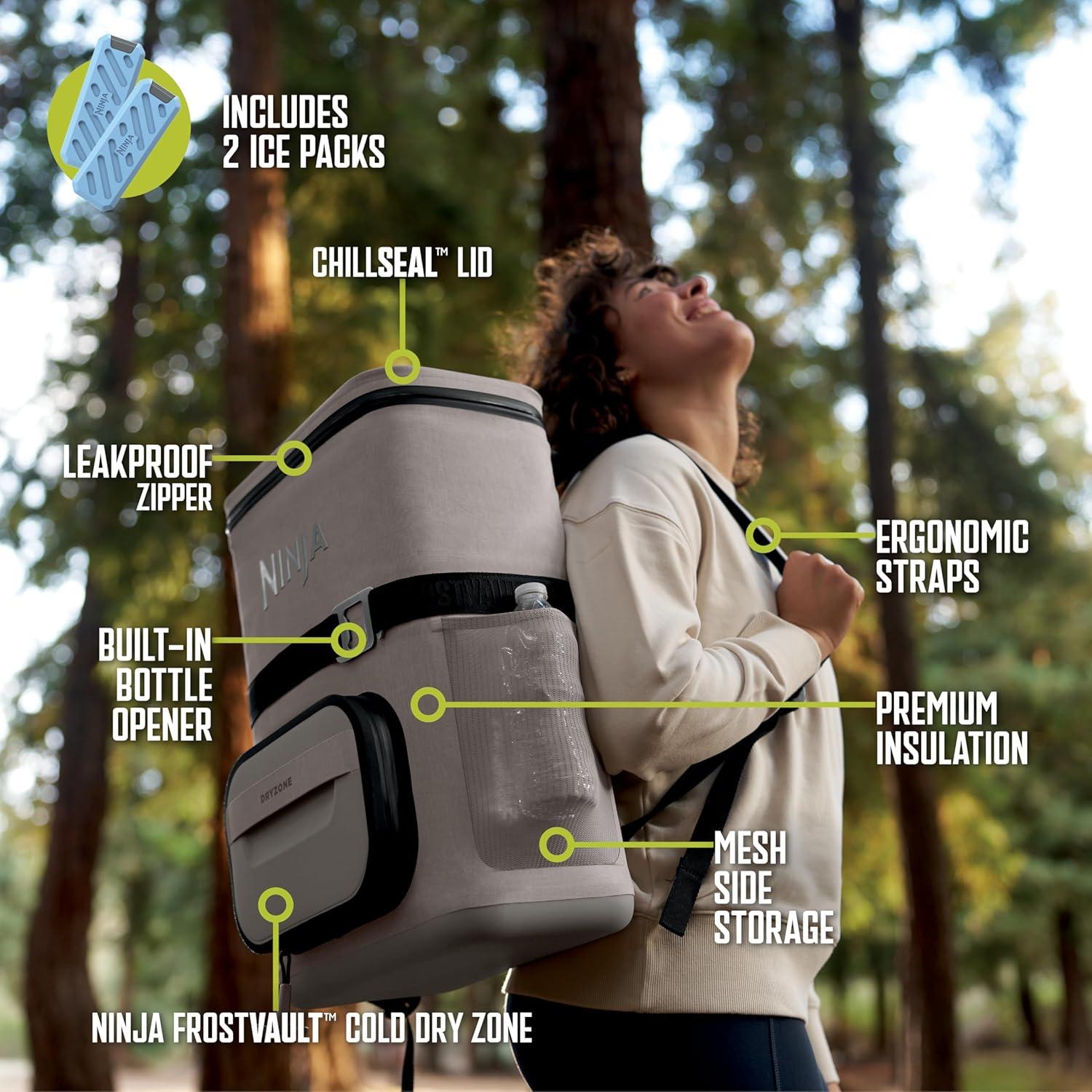 imageNinja FrostVault Go Can Soft Cooler 2436 Can Leak Proof BuiltIn Cup Holder 2 Ice Packs amp Dry Storage Drawer Polyester Insulation Hiking Camping PicnicBeige