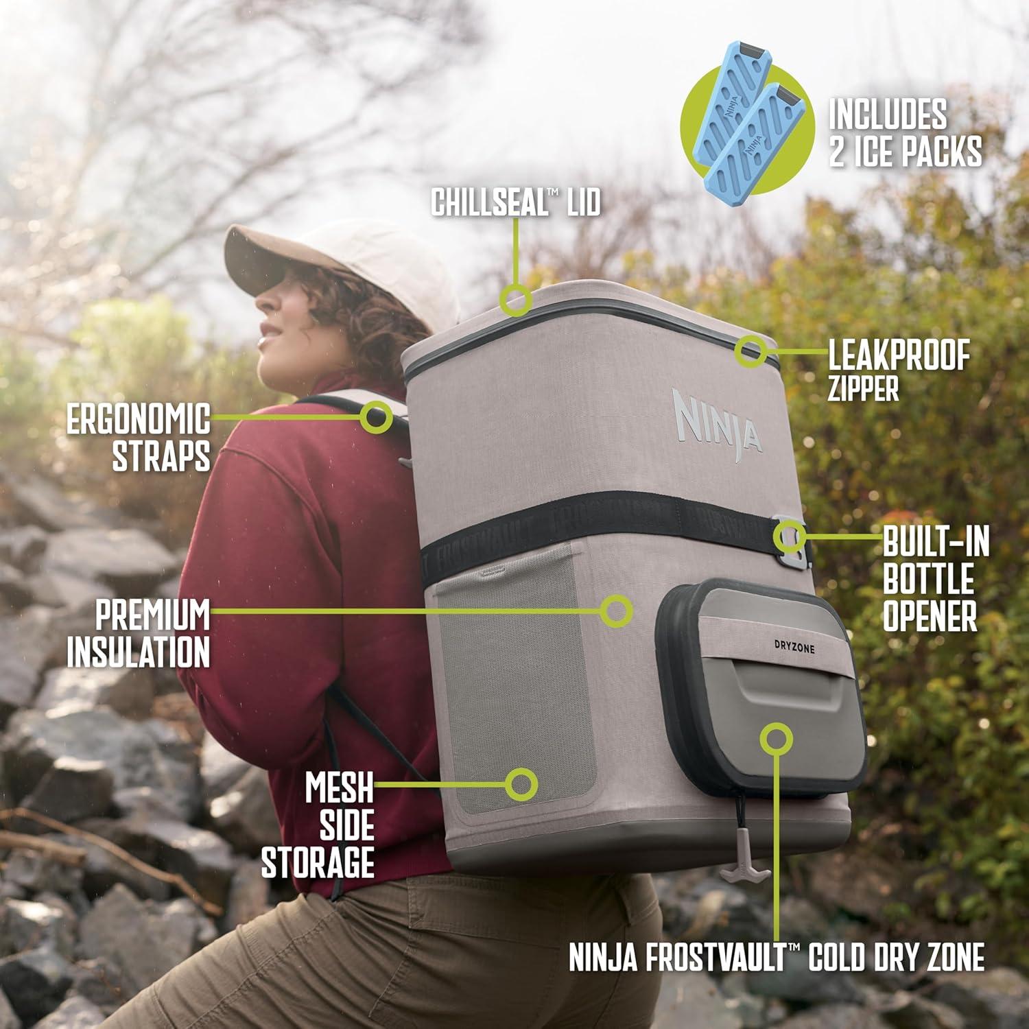 imageNinja FrostVault Go Can Soft Cooler 2436 Can Leak Proof BuiltIn Cup Holder 2 Ice Packs amp Dry Storage Drawer Polyester Insulation Hiking Camping PicnicBeige