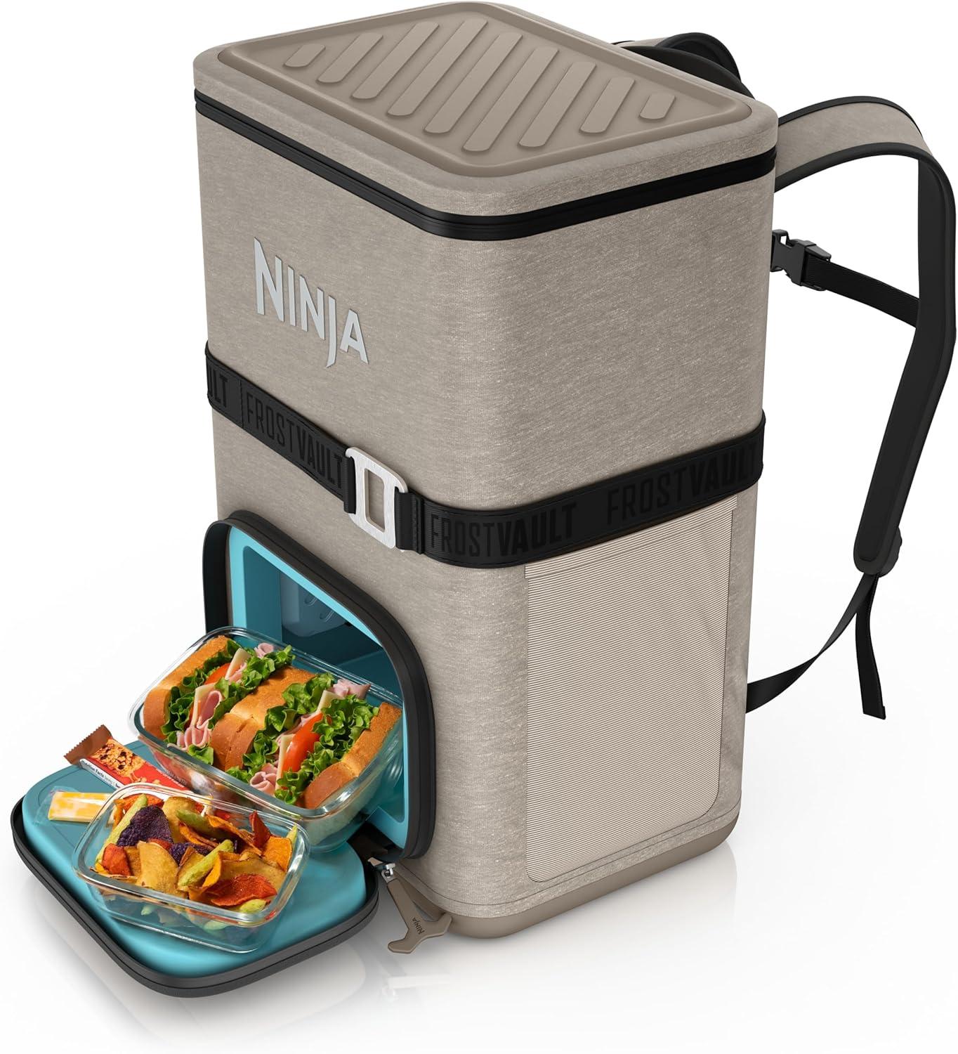 imageNinja FrostVault Go Can Soft Cooler 2436 Can Leak Proof BuiltIn Cup Holder 2 Ice Packs amp Dry Storage Drawer Polyester Insulation Hiking Camping PicnicBeige