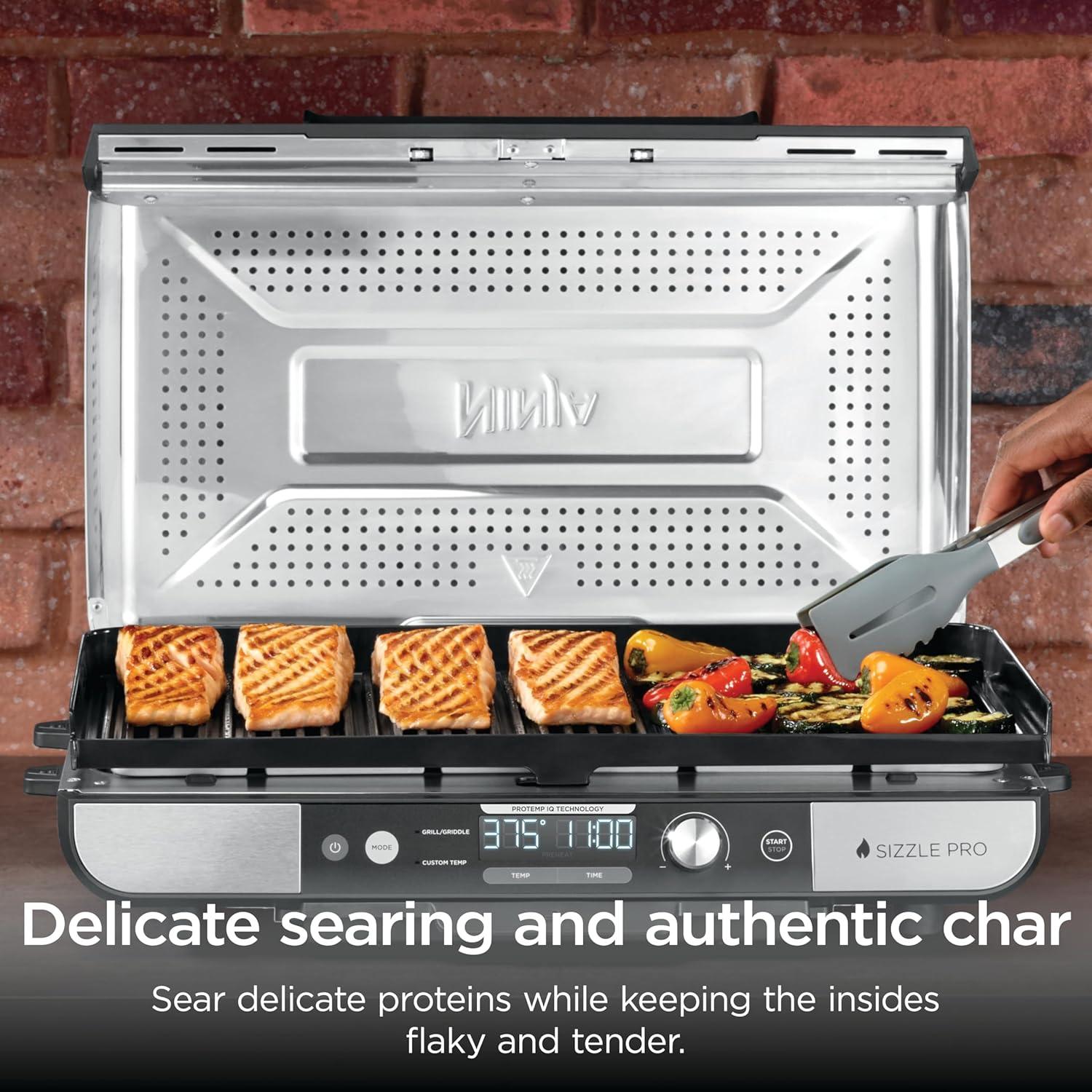 imageNinja Sizzle Pro XL 20Inch Indoor Griddle Grill Detachable Ventilated Lid Grease Control Ceramic Nonstick Plates Even Edge Cooking Extra Large Capacity Versatile Silver GX101