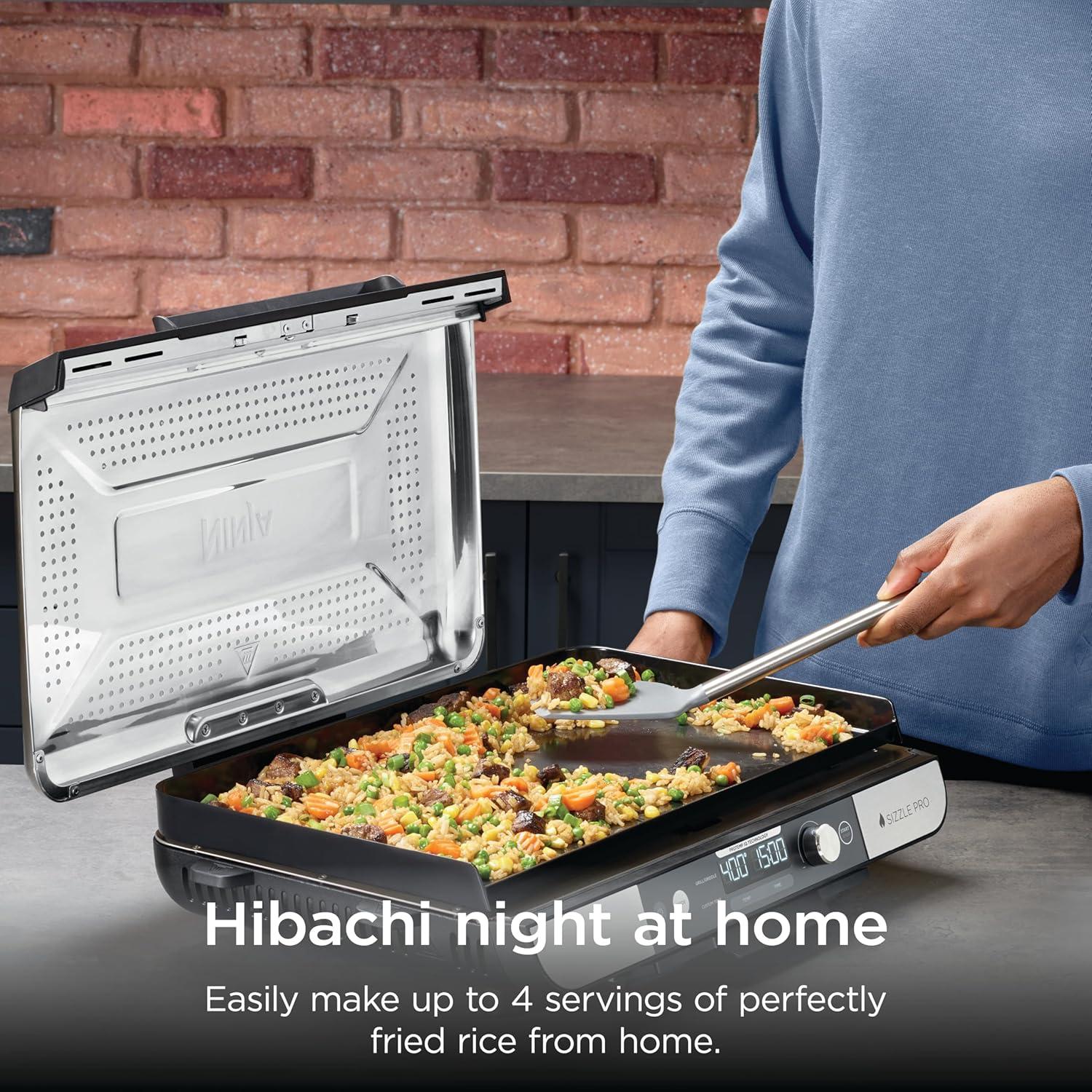 imageNinja Sizzle Pro XL 20Inch Indoor Griddle Grill Detachable Ventilated Lid Grease Control Ceramic Nonstick Plates Even Edge Cooking Extra Large Capacity Versatile Silver GX101
