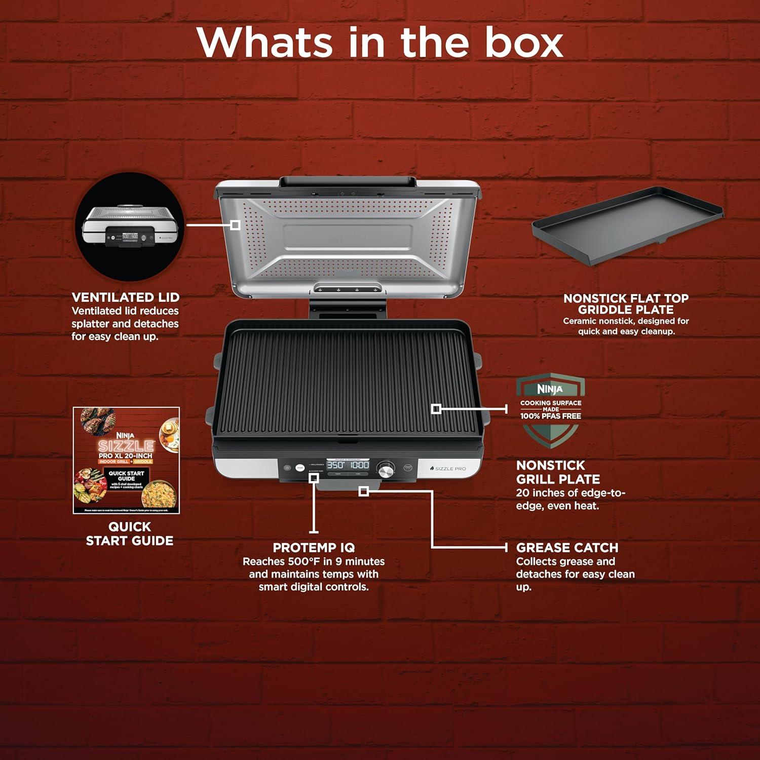 imageNinja Sizzle Pro XL 20Inch Indoor Griddle Grill Detachable Ventilated Lid Grease Control Ceramic Nonstick Plates Even Edge Cooking Extra Large Capacity Versatile Silver GX101