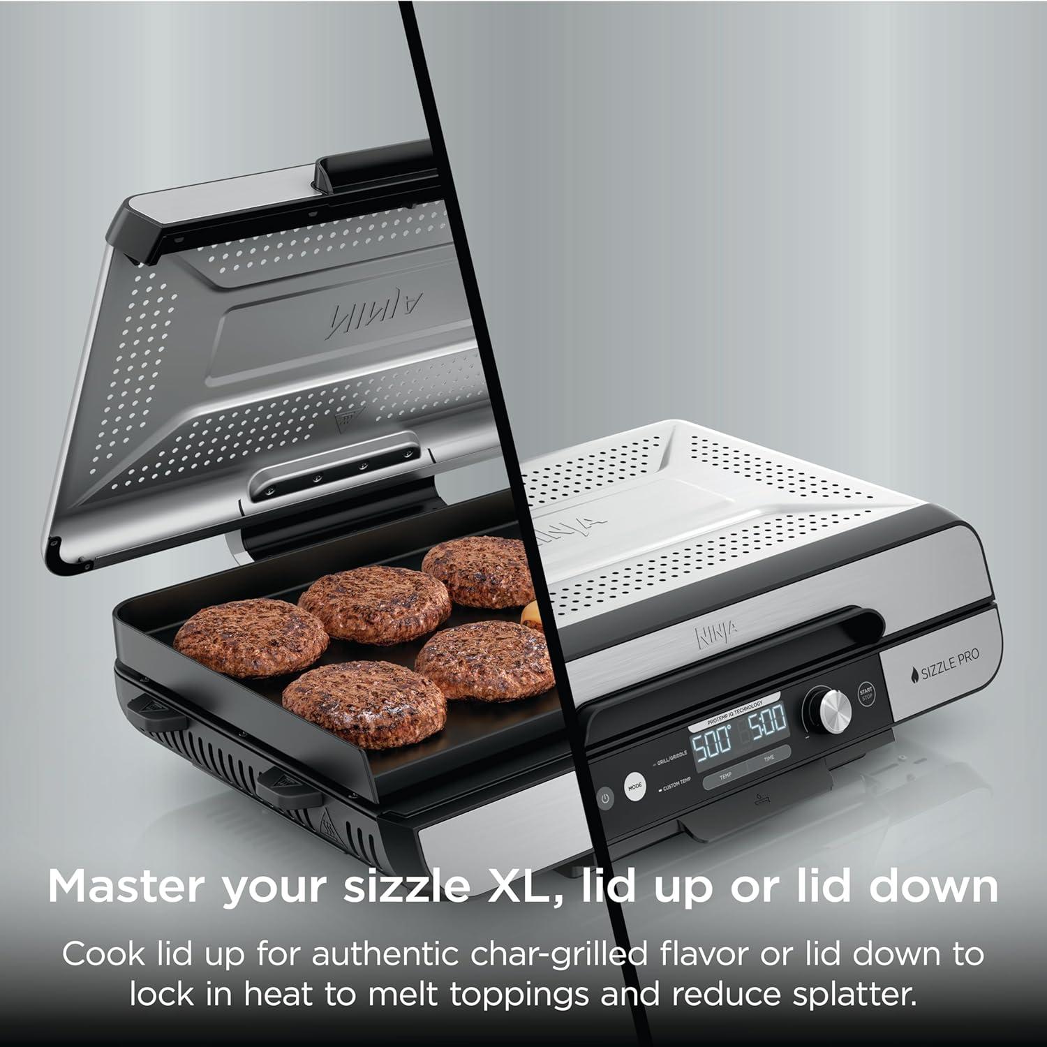 imageNinja Sizzle Pro XL 20Inch Indoor Griddle Grill Detachable Ventilated Lid Grease Control Ceramic Nonstick Plates Even Edge Cooking Extra Large Capacity Versatile Silver GX101