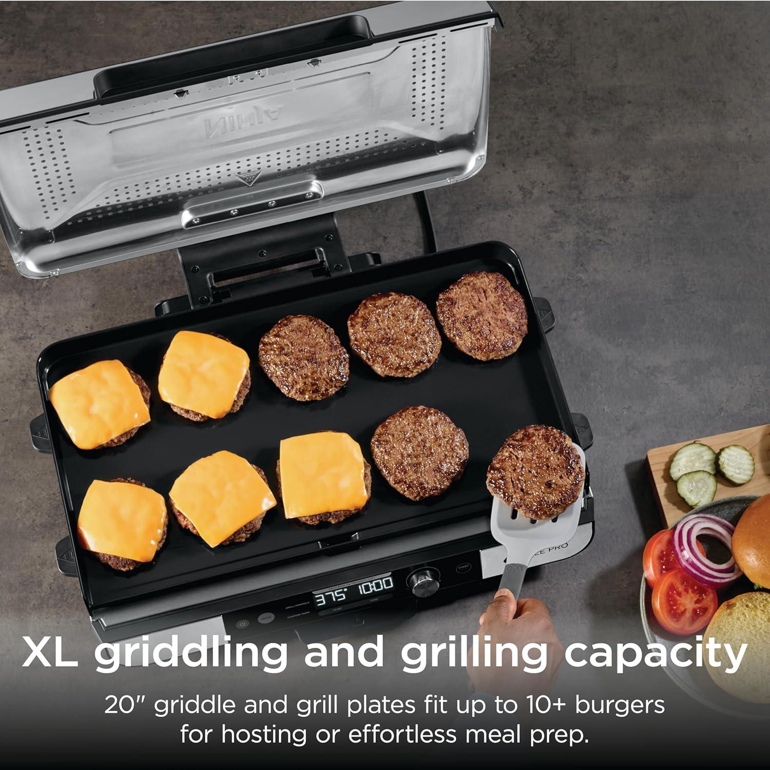 imageNinja Sizzle Pro XL 20Inch Indoor Griddle Grill Detachable Ventilated Lid Grease Control Ceramic Nonstick Plates Even Edge Cooking Extra Large Capacity Versatile Silver GX101