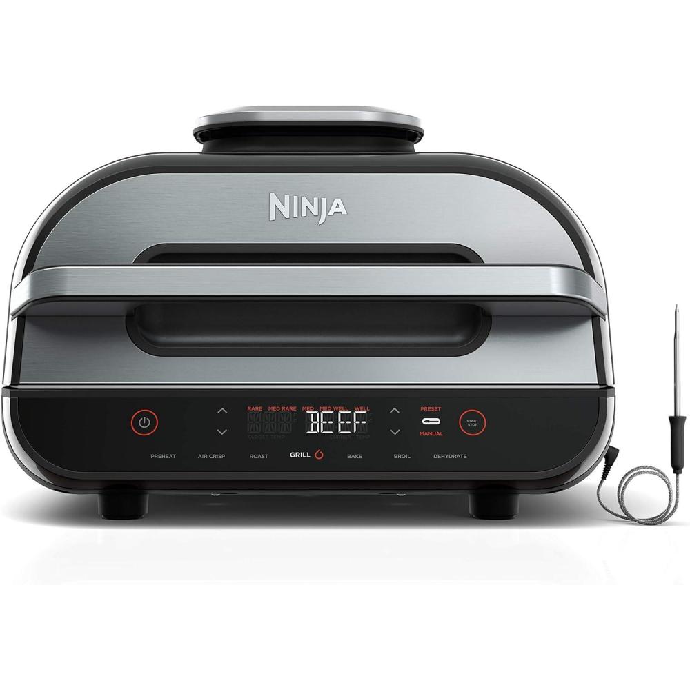 imageNinja Indoor Grill and Air Fryer Foodi Smart XL 6in1 Grill Air Fry Roast Bake Broil Dehydrate amp Crisp Smart Thermometer amp Splatter Shield Dishwasher Safe Parts BlackSilver FG5516in1 With Thermometer
