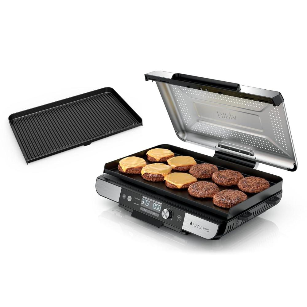 imageNinja Sizzle Pro XL 20Inch Indoor Griddle  Grill Detachable Ventilated Lid Grease Control Ceramic Nonstick Plates Even Edge Cooking Extra Large Capacity Versatile Silver GX101