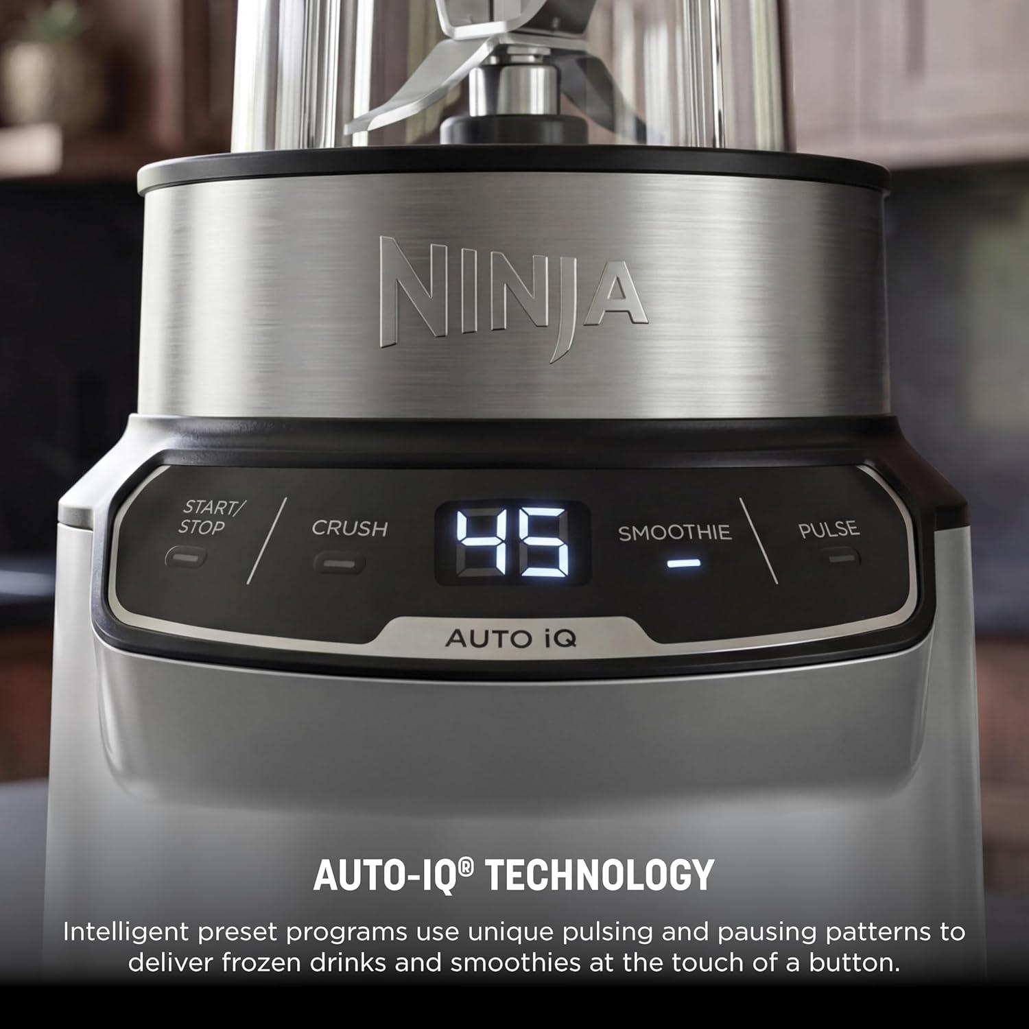 imageNinja Fit Compact Personal Blender Portable Blender forSmoothies Shakes Food Prep and Frozen Blending 700Watt Base 2 16oz Cups and Spout Lids Black QB3001SSAuto Blend