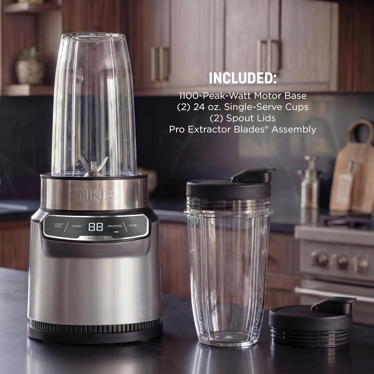 imageNinja Fit Compact Personal Blender Portable Blender forSmoothies Shakes Food Prep and Frozen Blending 700Watt Base 2 16oz Cups and Spout Lids Black QB3001SSAuto Blend