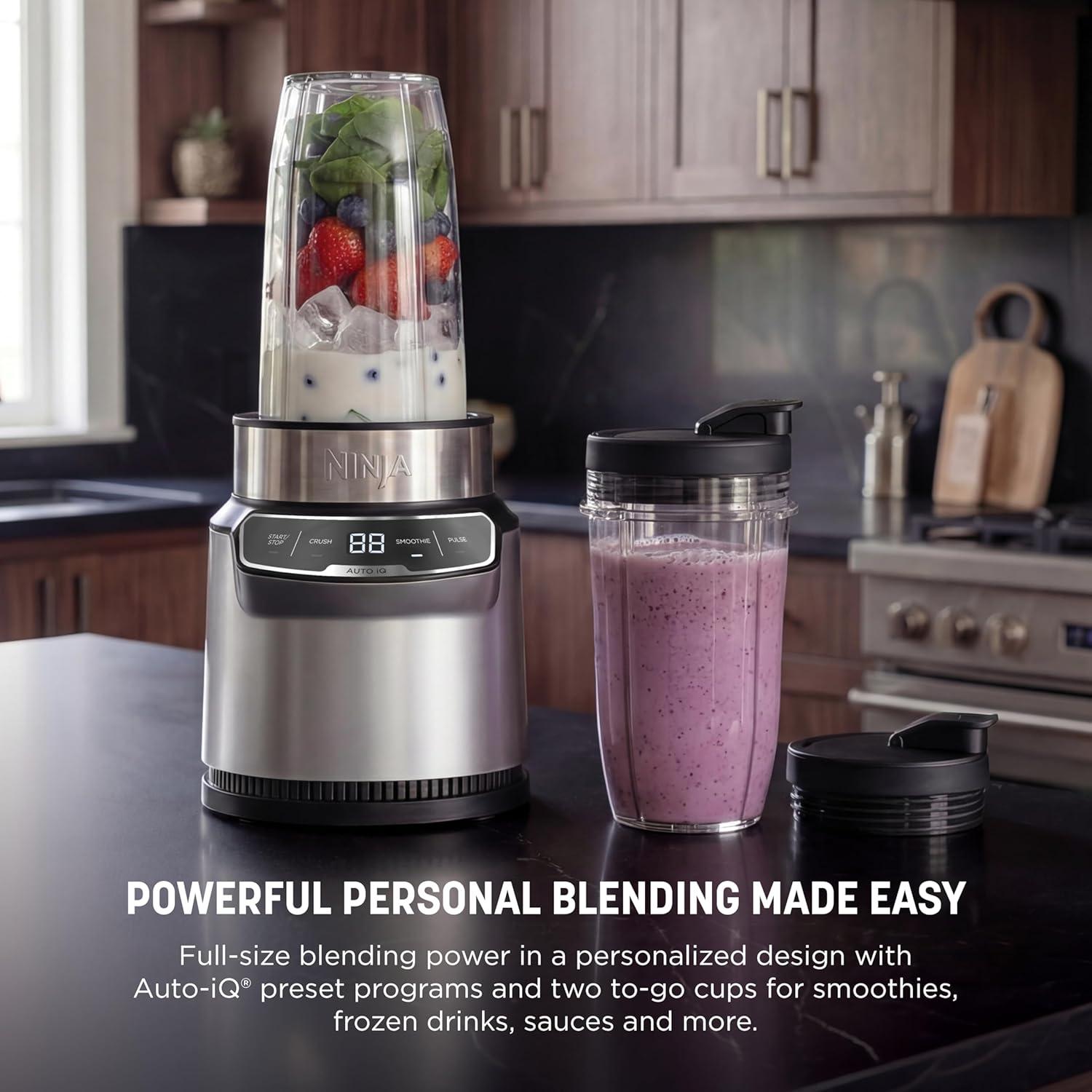 imageNinja Fit Compact Personal Blender Portable Blender forSmoothies Shakes Food Prep and Frozen Blending 700Watt Base 2 16oz Cups and Spout Lids Black QB3001SSAuto Blend