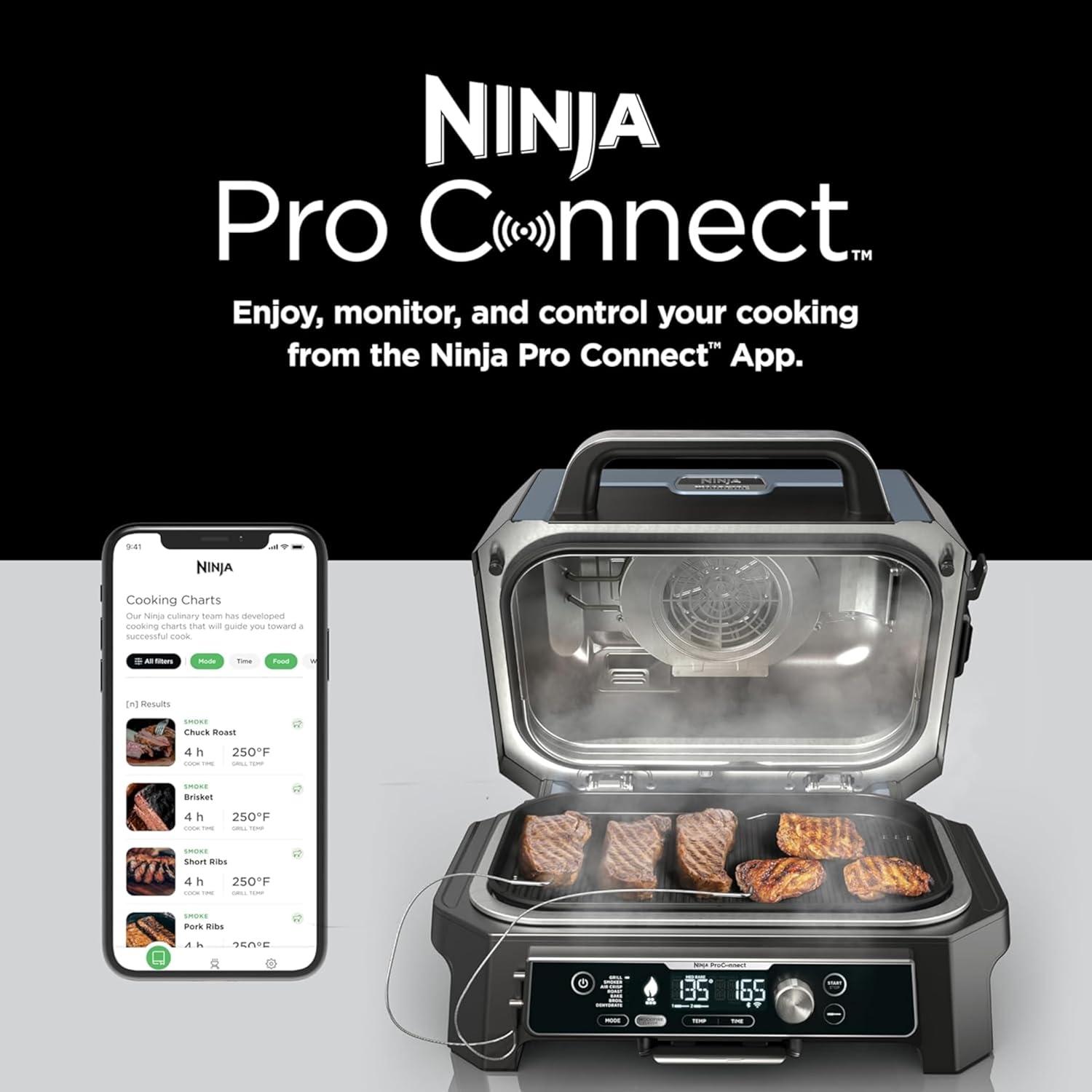imageNinja Woodfire Pro Connect XL Outdoor Grill amp Smoker Bluetooth App Enabled 7in1 Grill BBQ Smoker Outdoor Air Fryer Woodfire Technology BuiltIn Thermometer Blue amp Gold OG951BL1