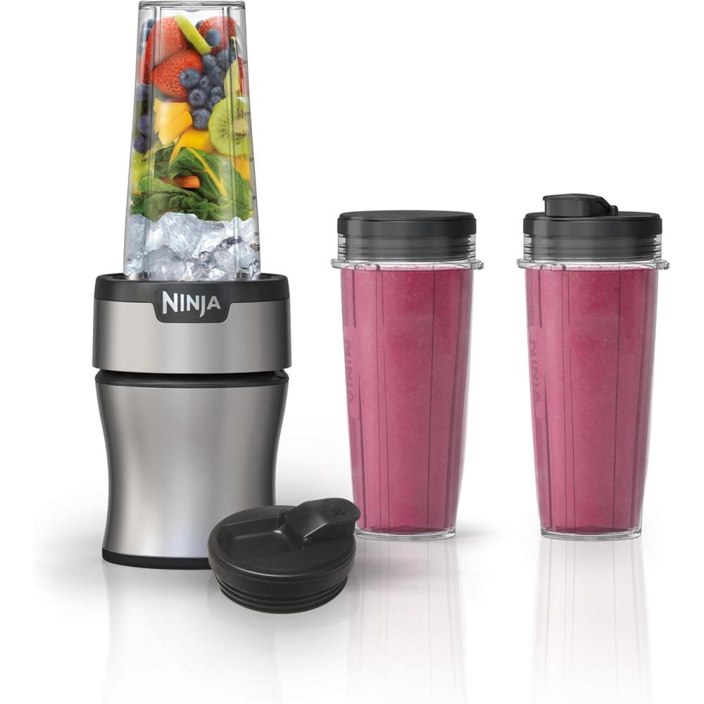 imageNinja Fit Compact Personal Blender Portable Blender forSmoothies Shakes Food Prep and Frozen Blending 700Watt Base 2 16oz Cups and Spout Lids Black QB3001SSPush to blend  3 cups