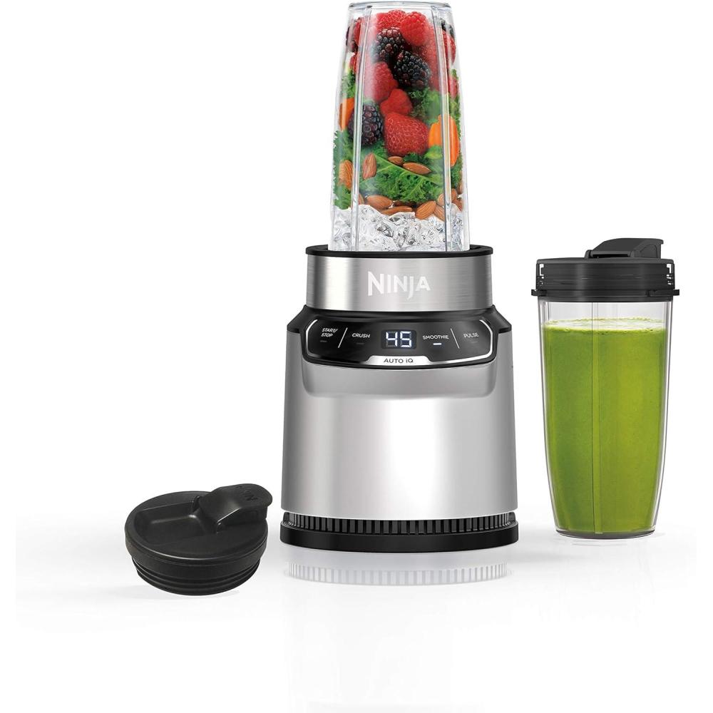 imageNinja Fit Compact Personal Blender Portable Blender forSmoothies Shakes Food Prep and Frozen Blending 700Watt Base 2 16oz Cups and Spout Lids Black QB3001SSAuto Blend