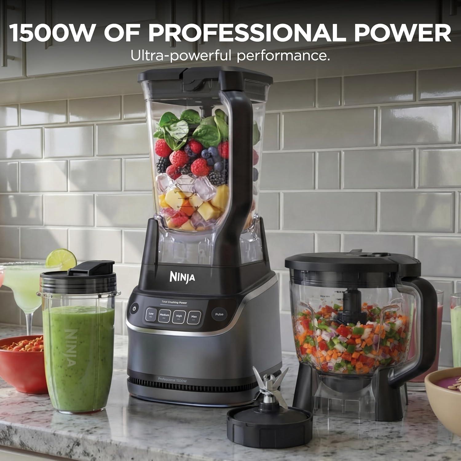 imageNinja Kitchen System AllinOne Food Processor amp Blender With 8Cup Bowl amp 1 24 oz ToGo Cup For Smoothies Cookie Dough Salsas Cole Slaw amp More 1800 Watt Black TB401Blender Bowl 1 18oz Cup