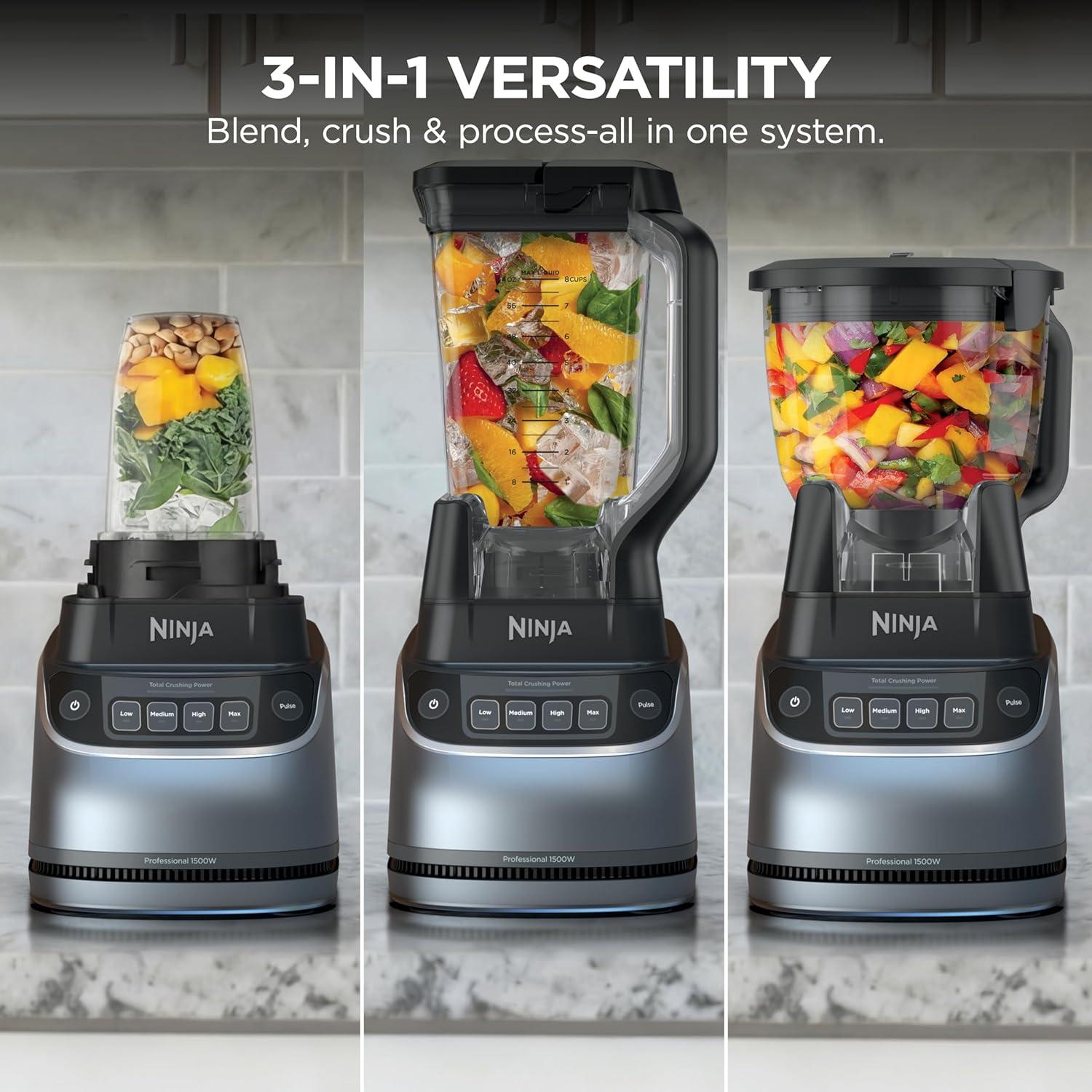imageNinja Kitchen System AllinOne Food Processor amp Blender With 8Cup Bowl amp 1 24 oz ToGo Cup For Smoothies Cookie Dough Salsas Cole Slaw amp More 1800 Watt Black TB401Blender Bowl 1 18oz Cup